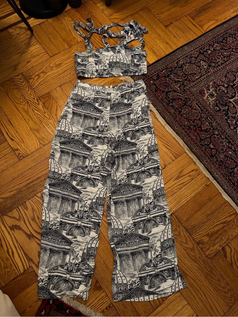 Reformation Blue & White Architectural Print Wide-Leg Pants